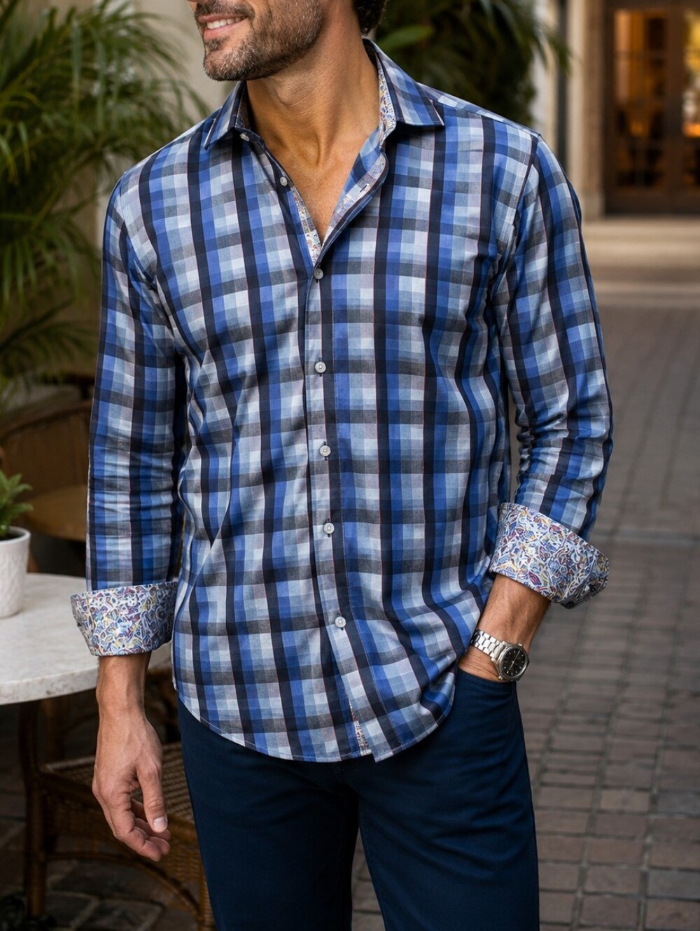 Robert Graham Blue Plaid Button-Down Shirt | Luxury Casual Designer Flip Cuff
